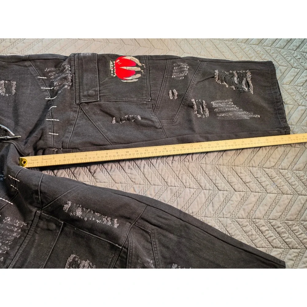 Sora Cruel Fate Distressed Cargo Pants Black Denim Heart Embroidery Mens Large